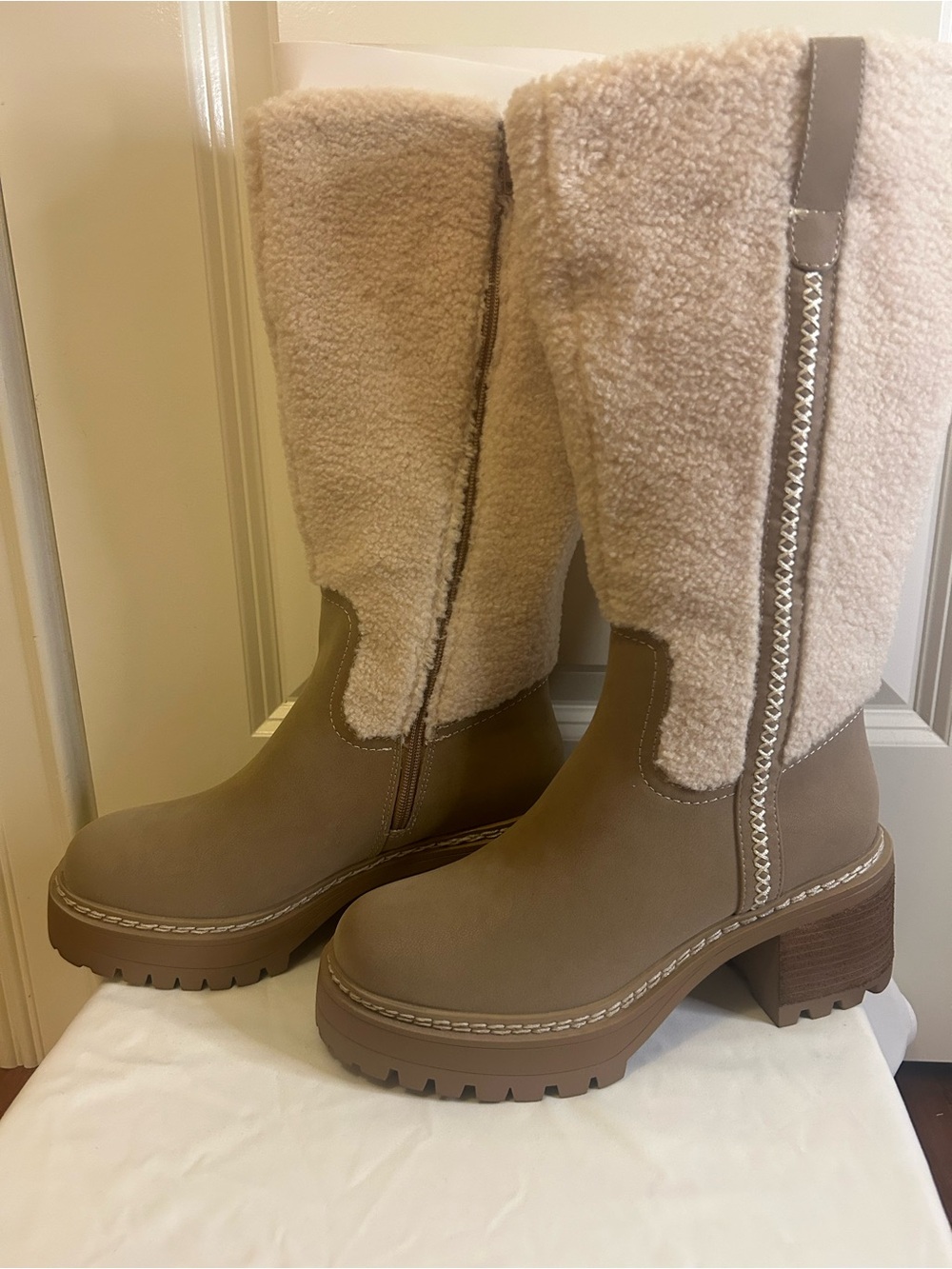 MIA Taupe Faux-Shearling Mid-Calf Heeled Boots